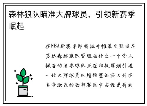 森林狼队瞄准大牌球员，引领新赛季崛起