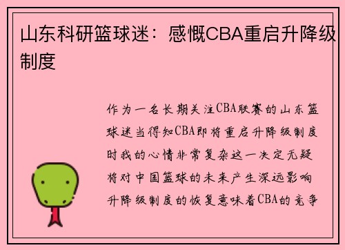 山东科研篮球迷：感慨CBA重启升降级制度