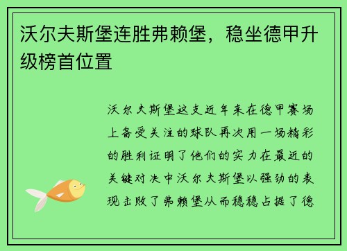 沃尔夫斯堡连胜弗赖堡，稳坐德甲升级榜首位置