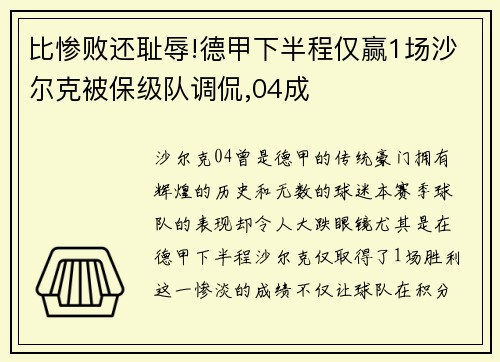 比惨败还耻辱!德甲下半程仅赢1场沙尔克被保级队调侃,04成