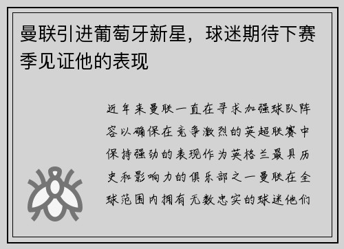曼联引进葡萄牙新星，球迷期待下赛季见证他的表现