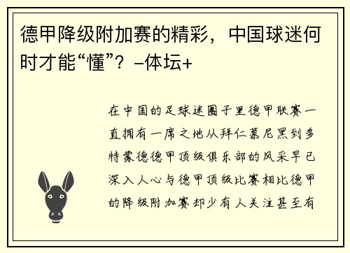 德甲降级附加赛的精彩，中国球迷何时才能“懂”？-体坛+
